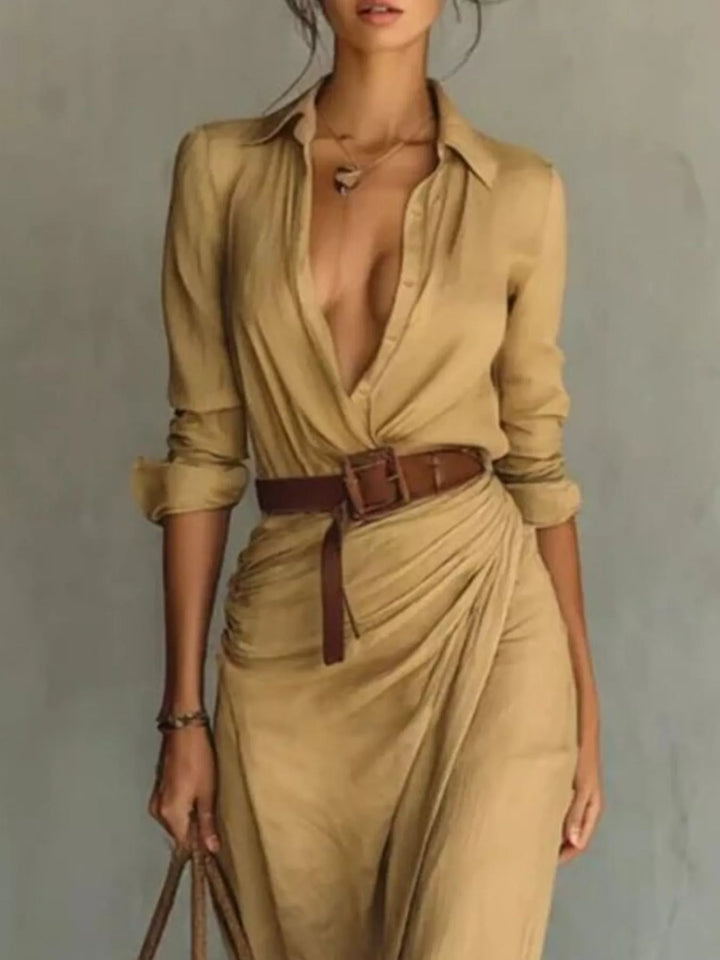 Ottilia | Women Belted Shirt Black Maxi Dress With Sleeves