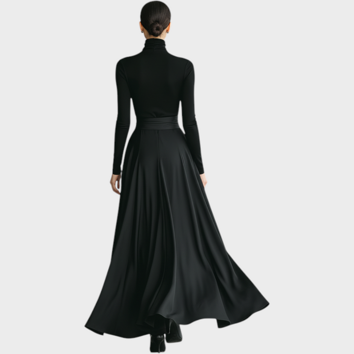 Jorunn | Women Turtleneck Bow Black Maxi Dress With Sleeves