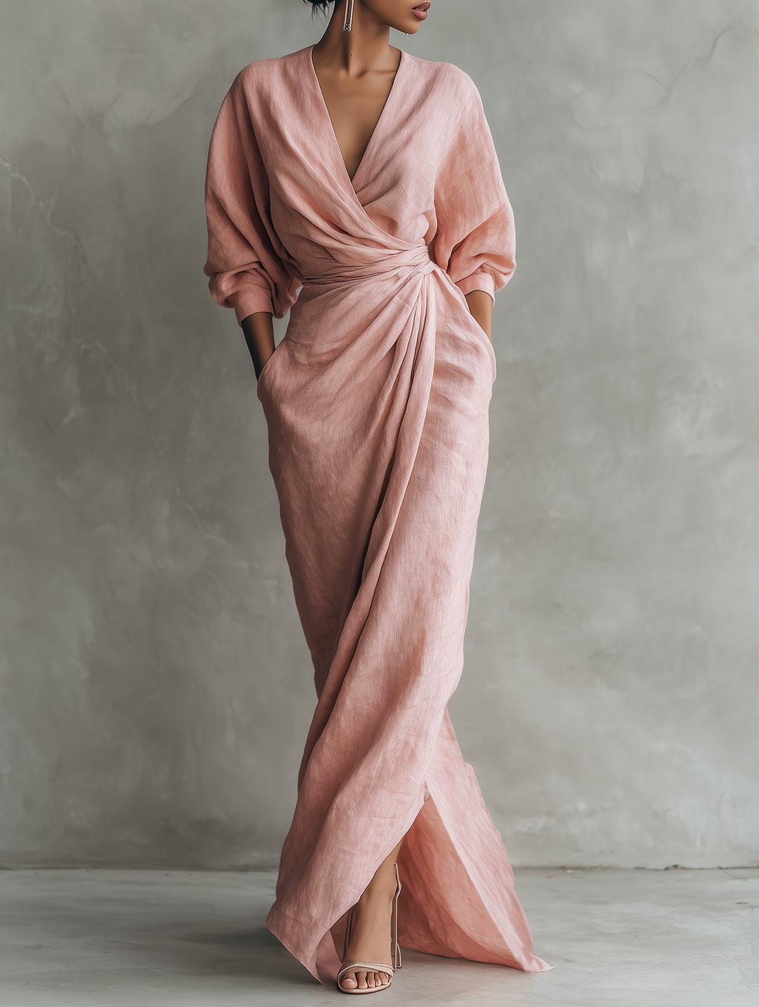 Dorthe | Women Wrap Twist Black Maxi Dress With Sleeves