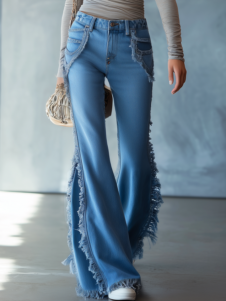 Kizzy | Women Frayed Wide Leg Flared Jeans