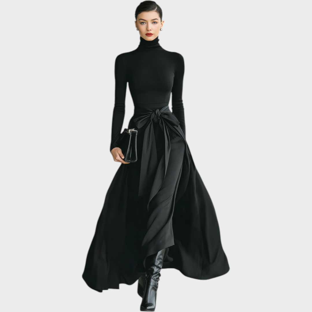 Jorunn | Women Turtleneck Bow Black Maxi Dress With Sleeves