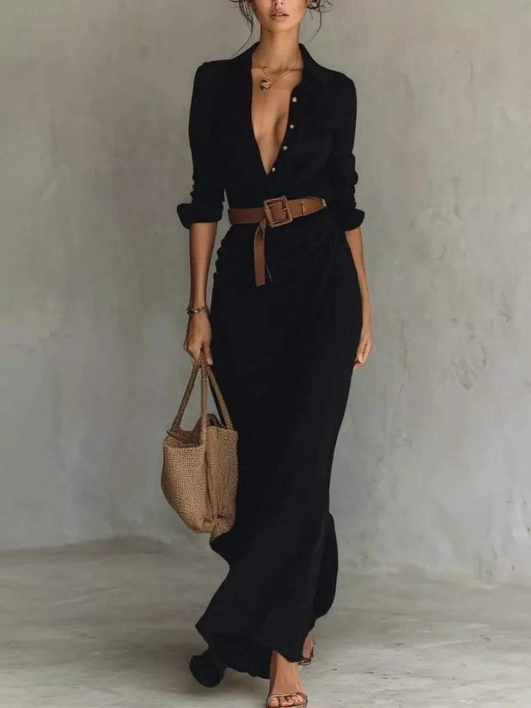 Ottilia | Women Belted Shirt Black Maxi Dress With Sleeves