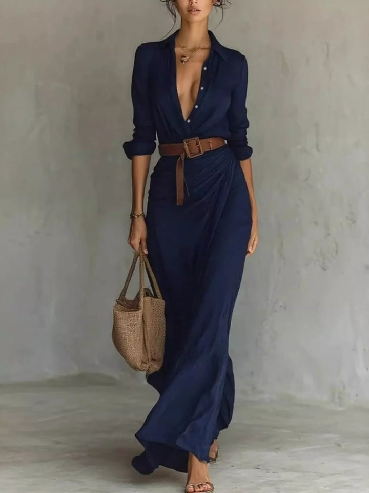 Ottilia | Women Belted Shirt Black Maxi Dress With Sleeves