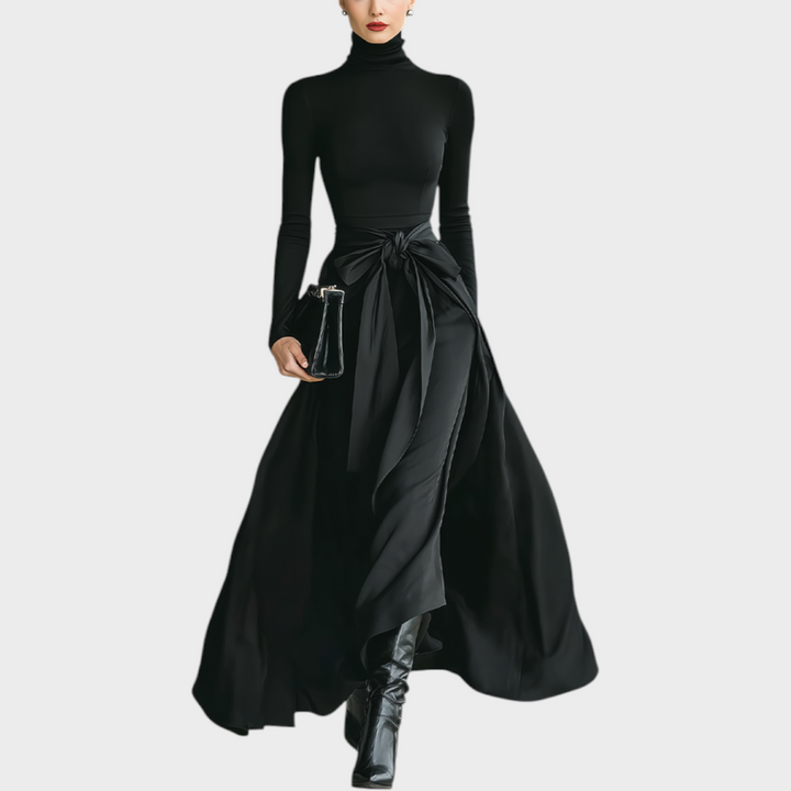 Jorunn | Women Turtleneck Bow Black Maxi Dress With Sleeves