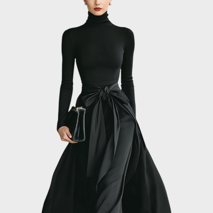 Jorunn | Women Turtleneck Bow Black Maxi Dress With Sleeves
