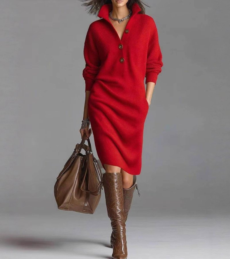 Gisla | Women Collared Button Knitted Jumper Dress
