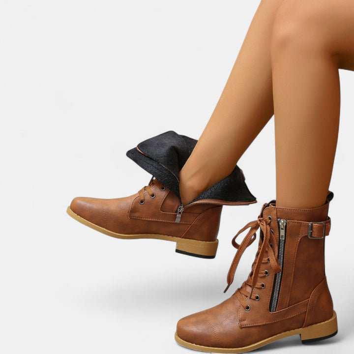 Bertilde | Women Lace Zip Black Combat Boots