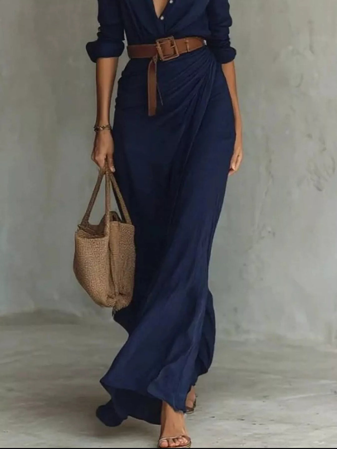 Ottilia | Women Belted Shirt Black Maxi Dress With Sleeves