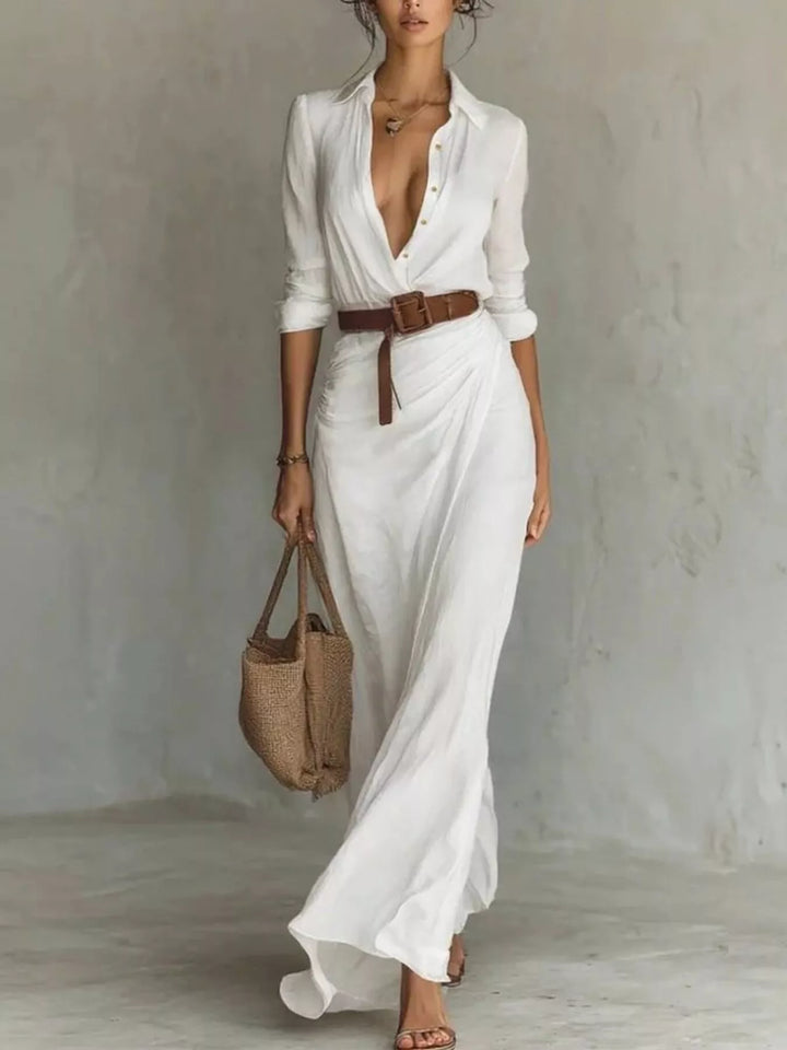 Ottilia | Women Belted Shirt Black Maxi Dress With Sleeves