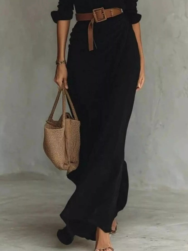 Ottilia | Women Belted Shirt Black Maxi Dress With Sleeves