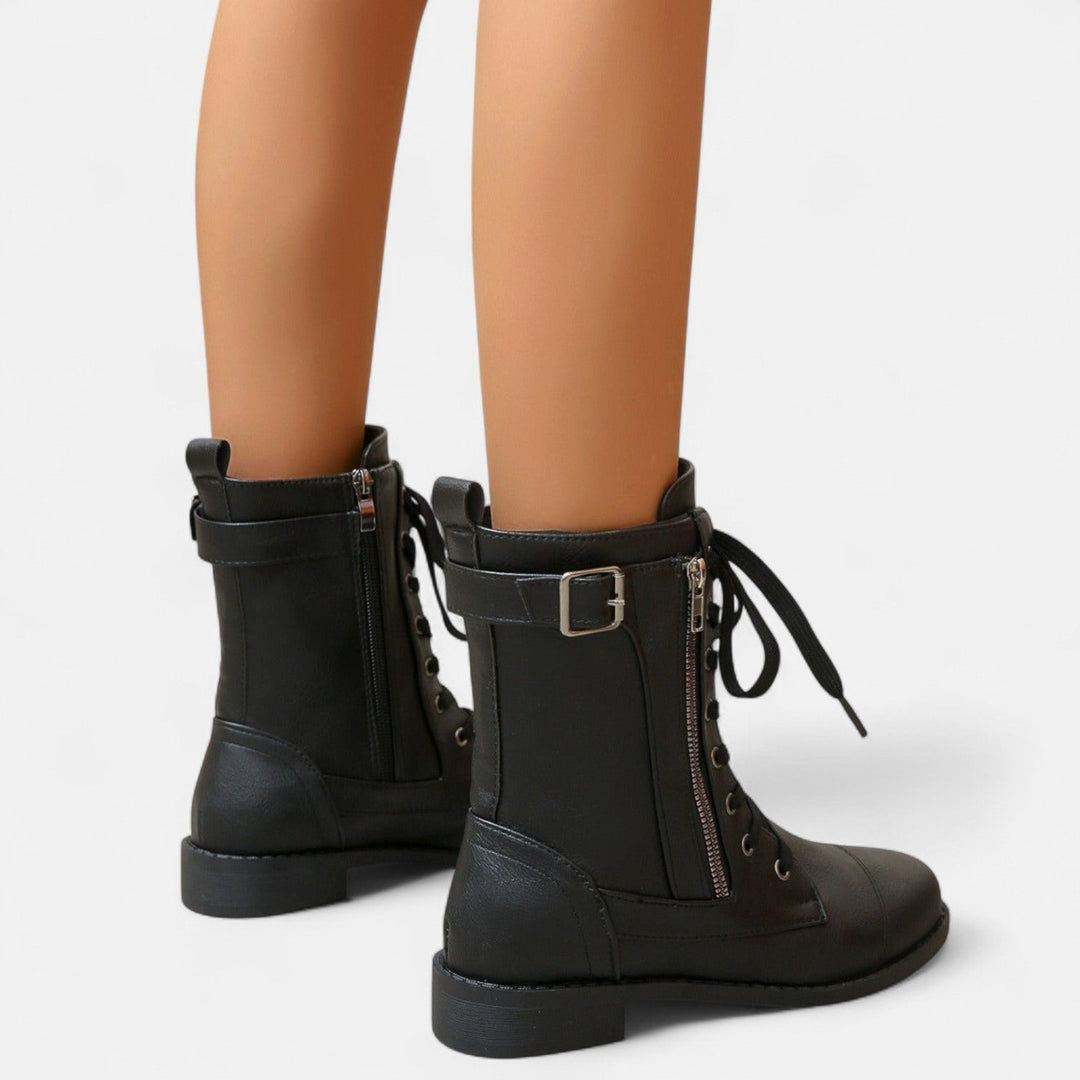 Bertilde | Women Lace Zip Black Combat Boots