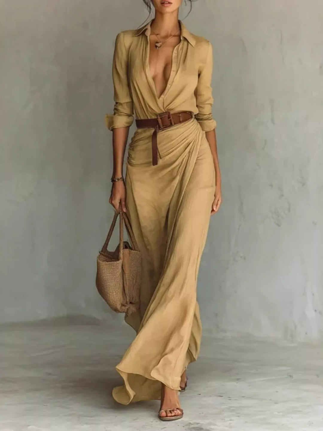 Ottilia | Women Belted Shirt Black Maxi Dress With Sleeves
