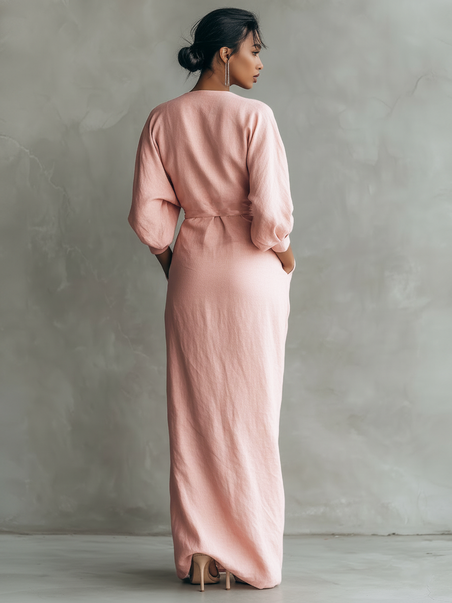 Dorthe | Women Wrap Twist Black Maxi Dress With Sleeves