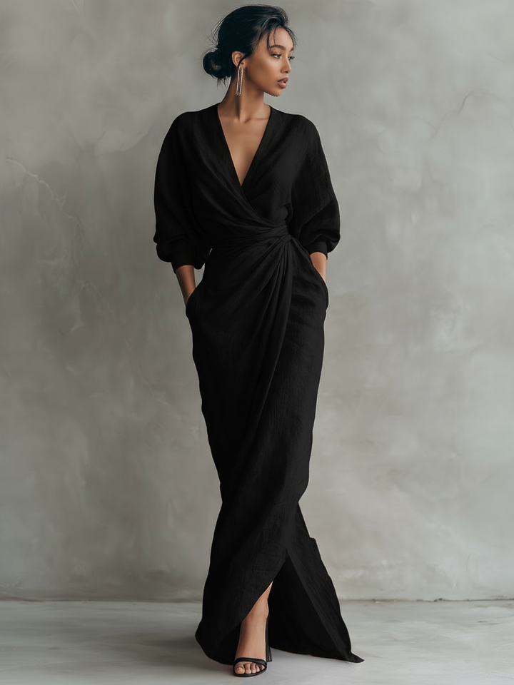 Dorthe | Women Wrap Twist Black Maxi Dress With Sleeves