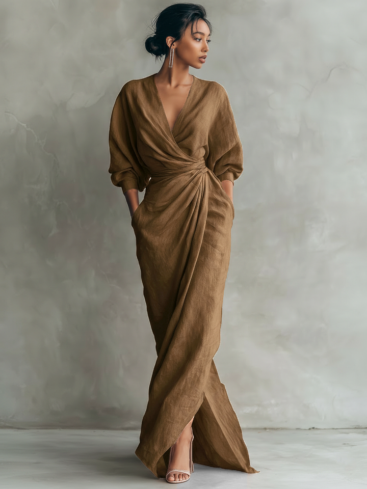 Dorthe | Women Wrap Twist Black Maxi Dress With Sleeves