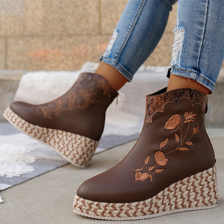 Ysmay | Women Embroidered Braid Wedge Boots