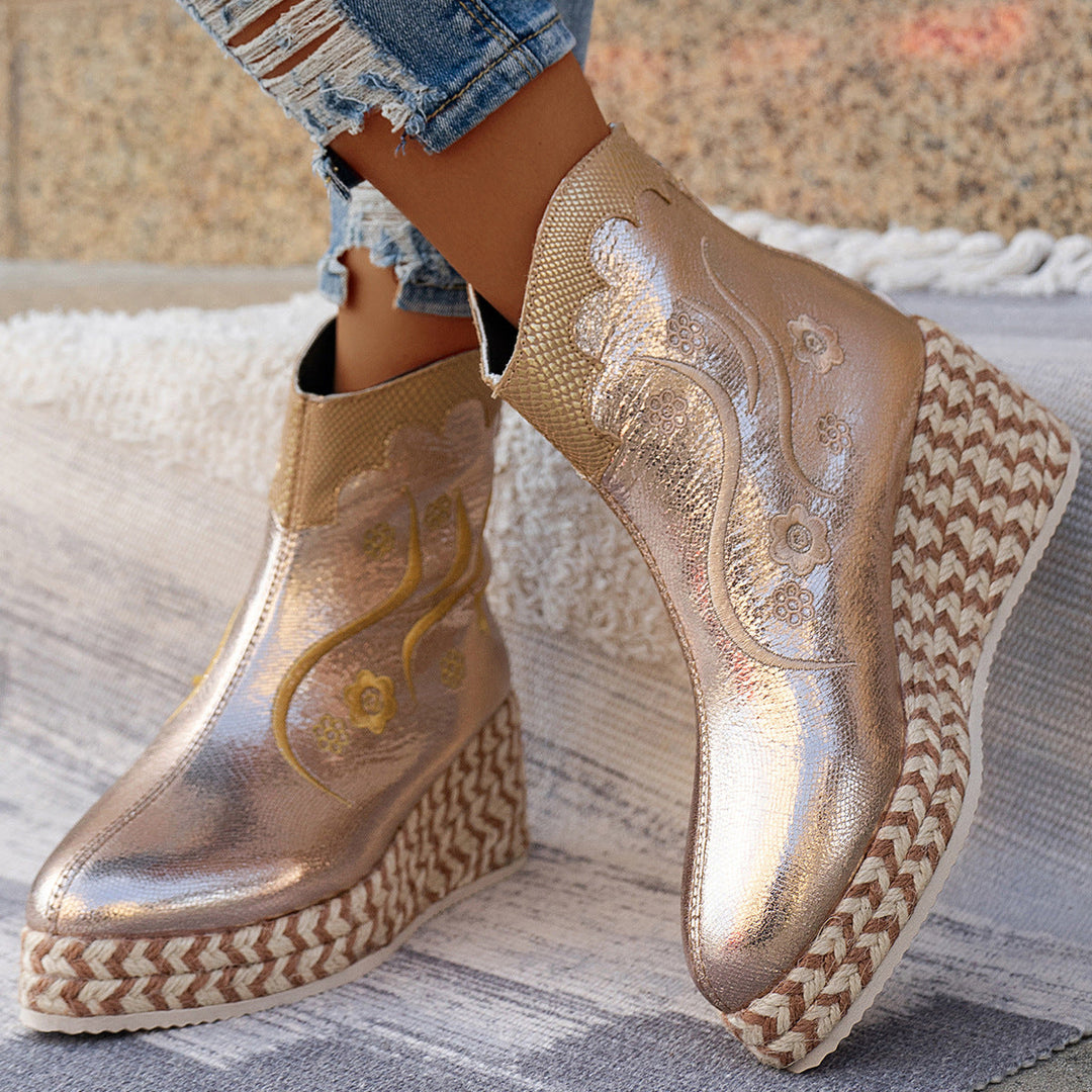 Ysmay | Women Embroidered Braid Wedge Boots