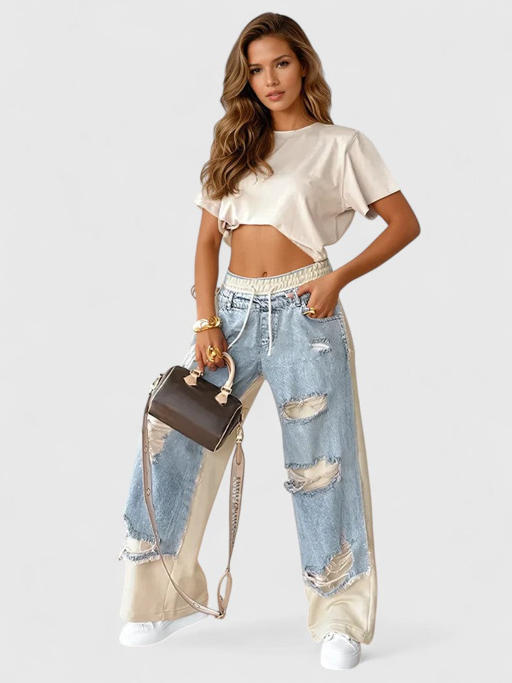 Isolenyrah | Colorblock Wide-Leg Sweatpants with Distressed Panels and Drawstring Waist