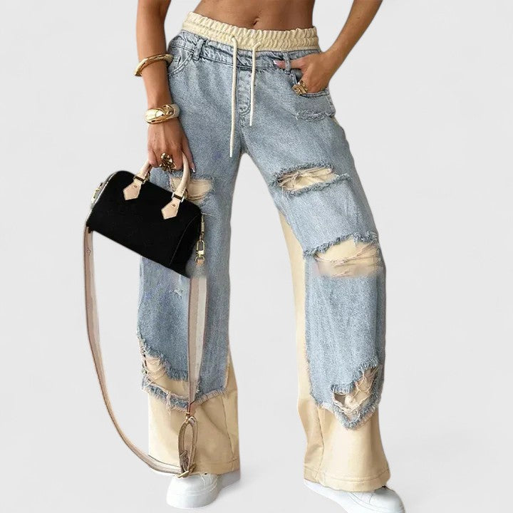 Isolenyrah | Colorblock Wide-Leg Sweatpants with Distressed Panels and Drawstring Waist