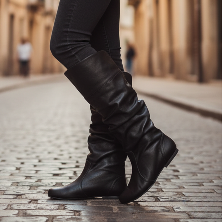 Harrietta | Women Slouch Shaft Black Combat Boots