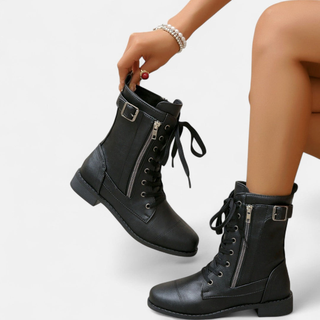 Bertilde | Women Lace Zip Black Combat Boots
