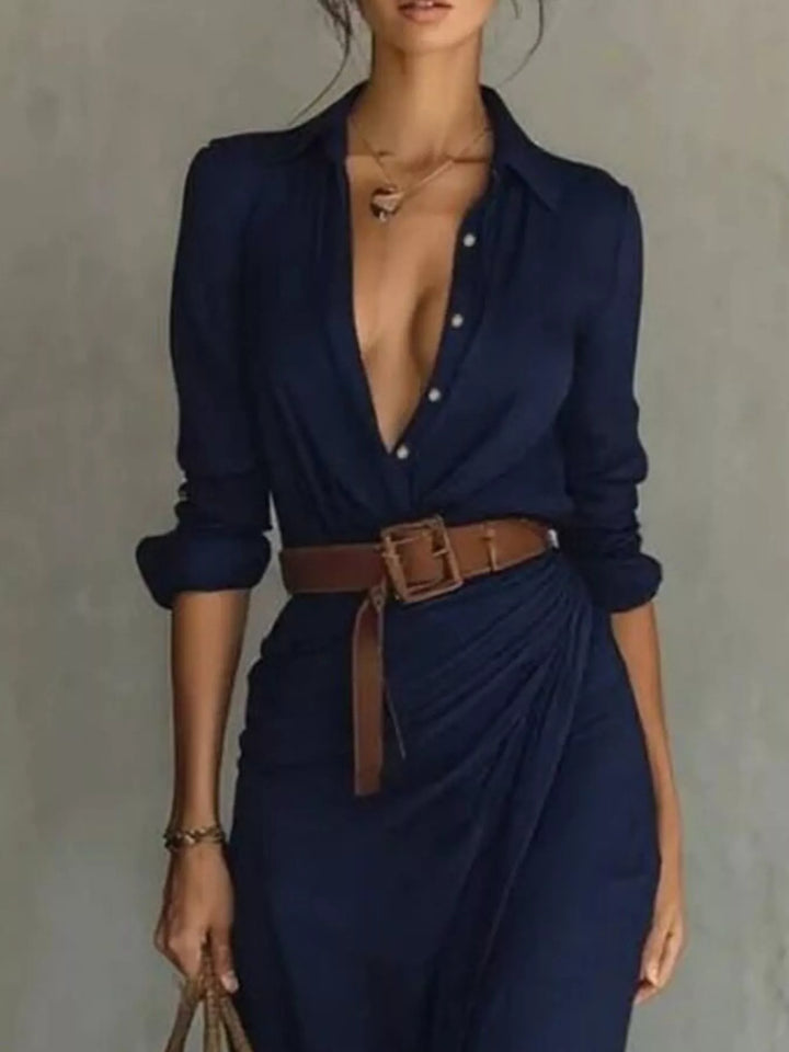 Ottilia | Women Belted Shirt Black Maxi Dress With Sleeves