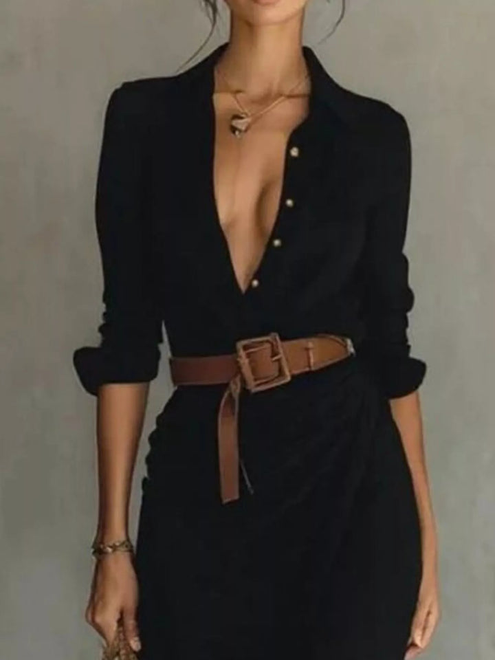 Ottilia | Women Belted Shirt Black Maxi Dress With Sleeves