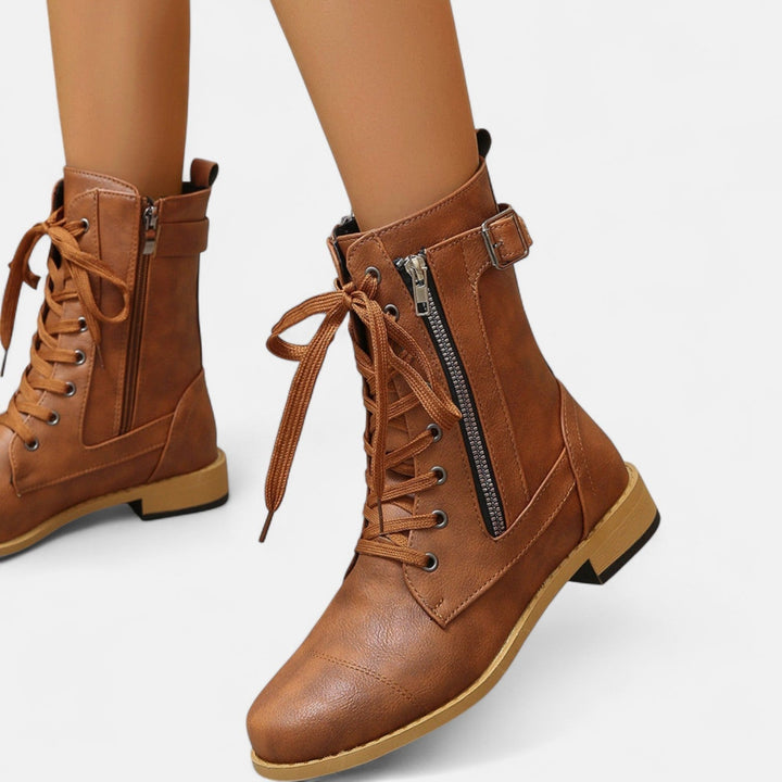 Bertilde | Women Lace Zip Black Combat Boots