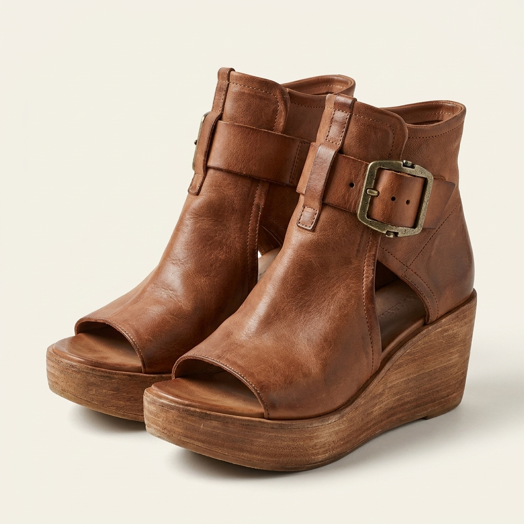 Ingibjorg | Women Peep Toe Buckle Wedge Boots