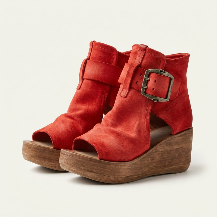 Ingibjorg | Women Peep Toe Buckle Wedge Boots