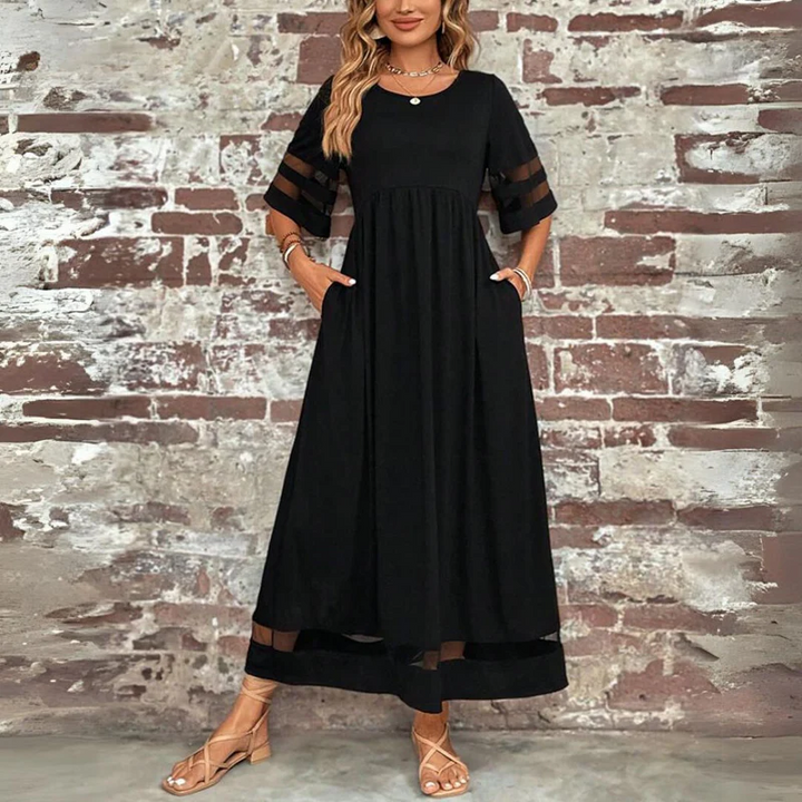 Nilla | Women Mesh Panel Black Maxi Dress With Sleeves