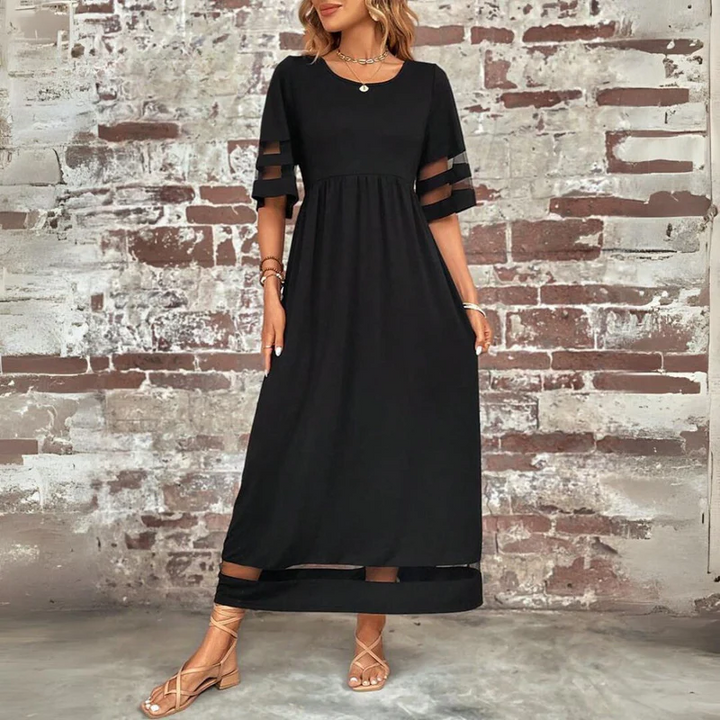 Nilla | Women Mesh Panel Black Maxi Dress With Sleeves