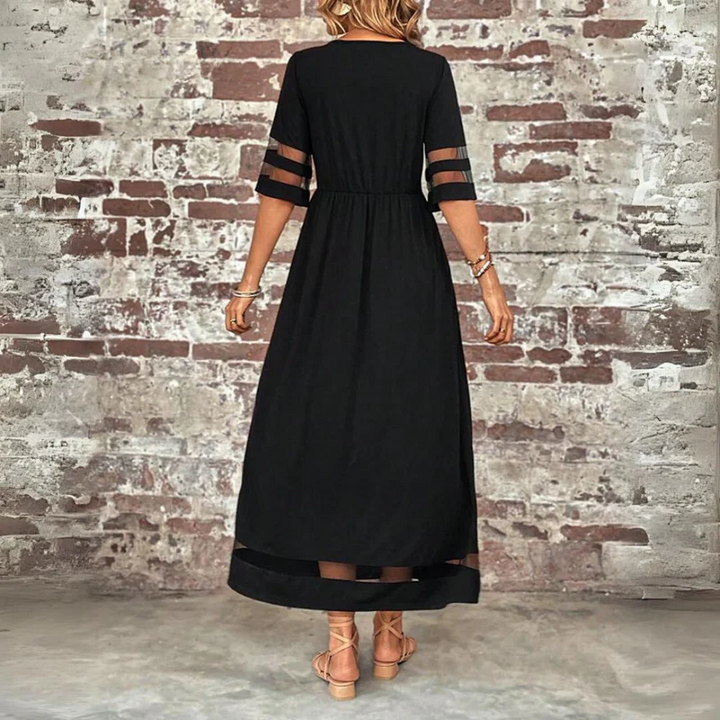 Nilla | Women Mesh Panel Black Maxi Dress With Sleeves