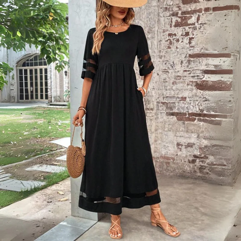 Nilla | Women Mesh Panel Black Maxi Dress With Sleeves