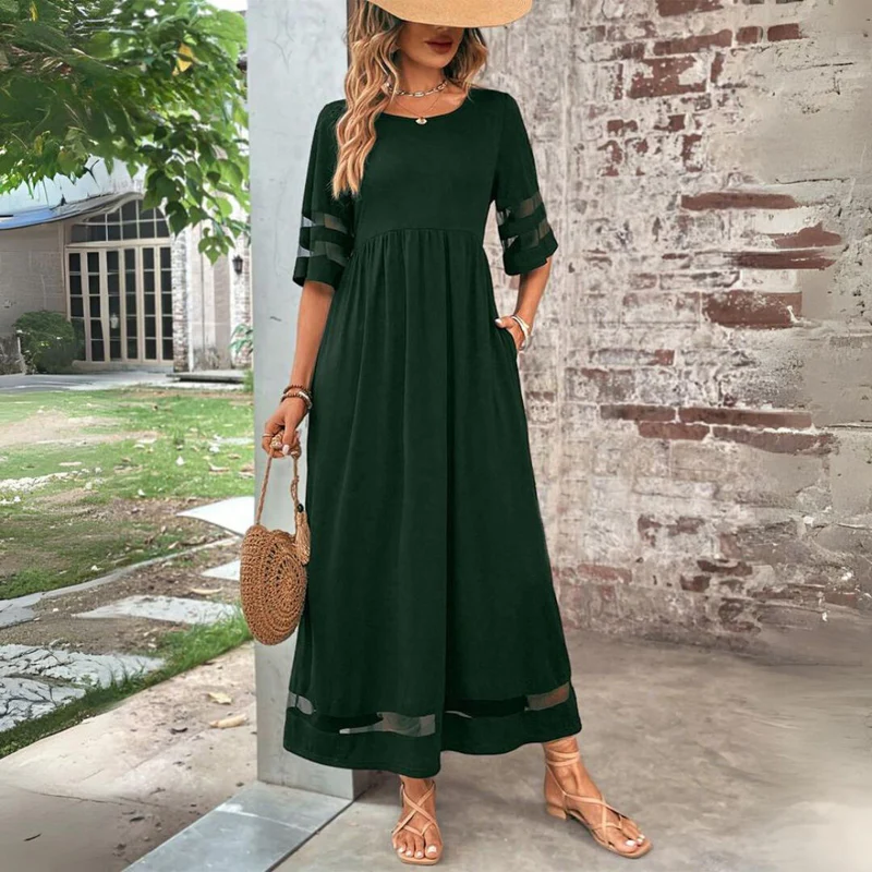 Nilla | Women Mesh Panel Black Maxi Dress With Sleeves
