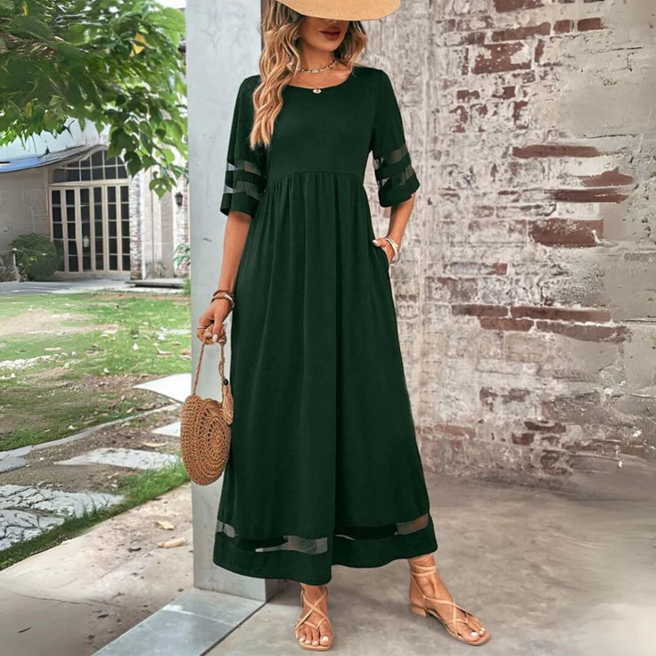 Nilla | Women Mesh Panel Black Maxi Dress With Sleeves
