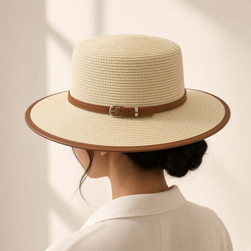 Inara structured flat top sun hat on model