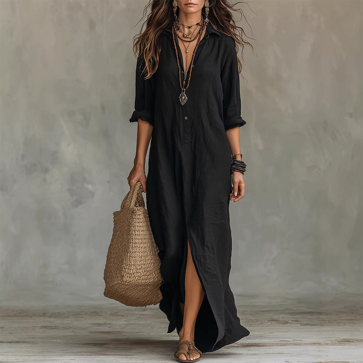Carina | Women Collared Shirt Black Maxi Dress With Sleeves