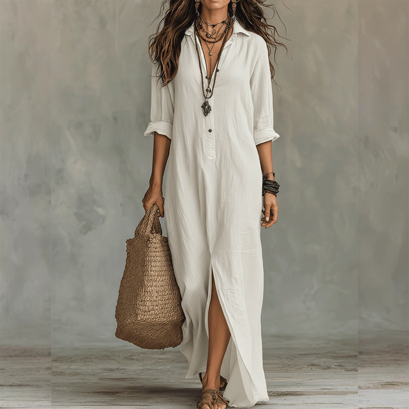 Carina | Women Collared Shirt Black Maxi Dress With Sleeves