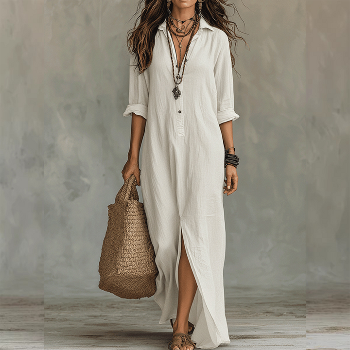Carina | Women Collared Shirt Black Maxi Dress With Sleeves