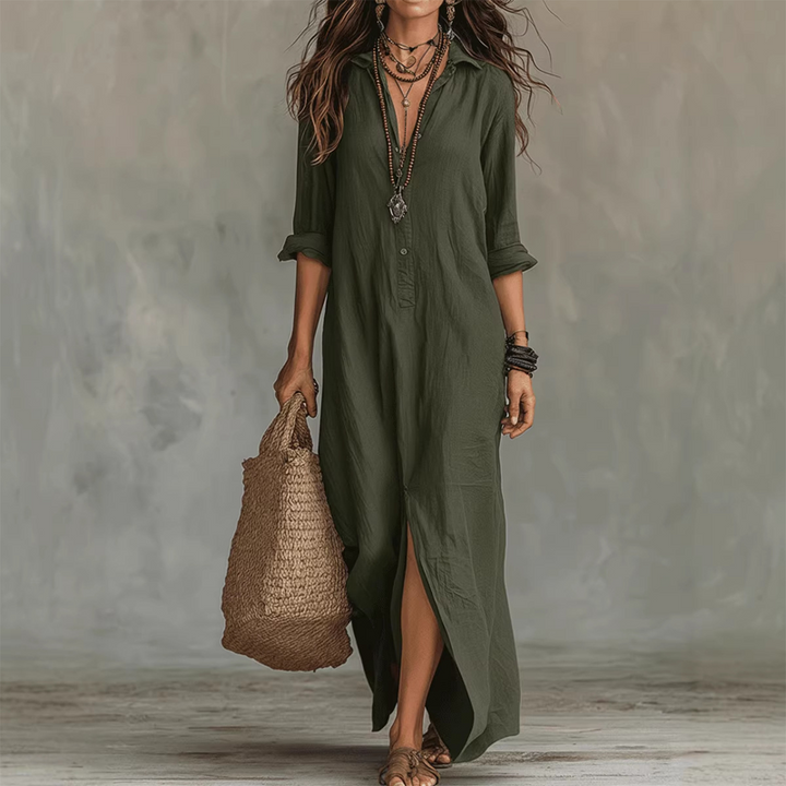 Carina | Women Collared Shirt Black Maxi Dress With Sleeves