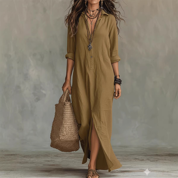 Carina | Women Collared Shirt Black Maxi Dress With Sleeves